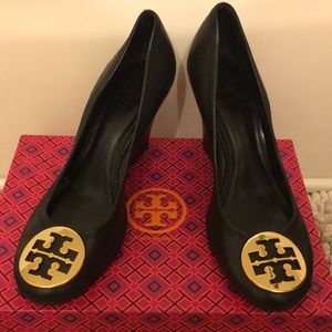 Tory Burch Black Leather Sally Wedge